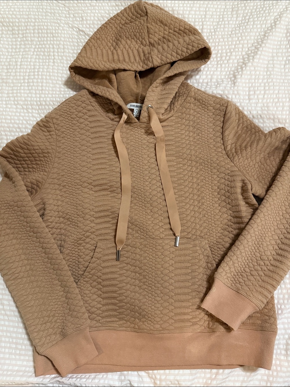 Women's Good American sz 2 quilted snake hoodie with ribbon detail in rose gold